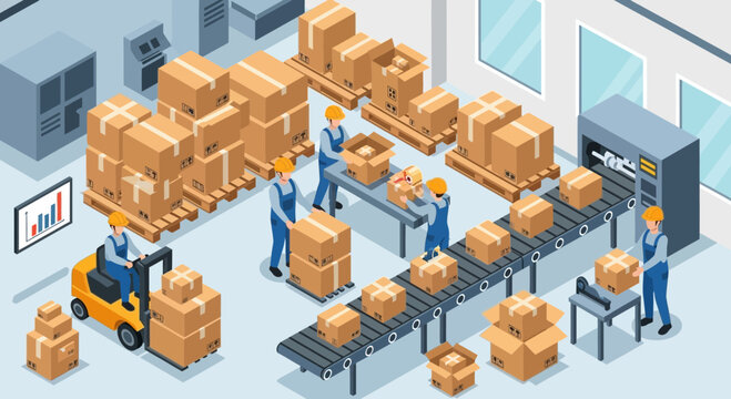 Warehouse logistics isometric view: workers and conveyor belt with boxes, forklift, machinery