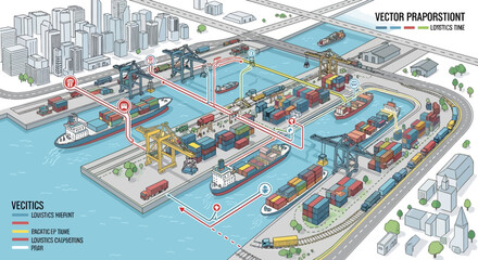 Fototapeta premium Global Shipping Port: Container Ships, Cranes, and Logistics Network