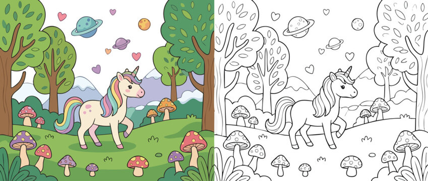 Cute Unicorn Coloring Page for Children with Magical Forest Scene.