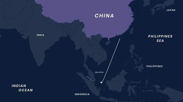 Map Animation Showing China Trade Route Via Strait Of Malacca To Indian Ocean With Moving Dotted Line 4K