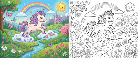 Obraz premium Cute Unicorn Flying on Clouds in a Magical Fantasy Landscape with Rainbow.