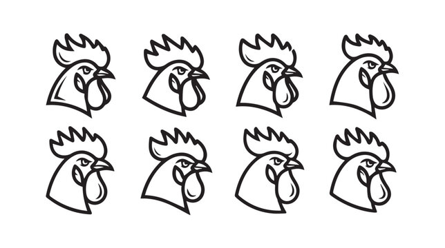 Rooster Head Icons Set Outline Farm Bird Graphics Livestock Poultry Symbols Minimalist Vector Art