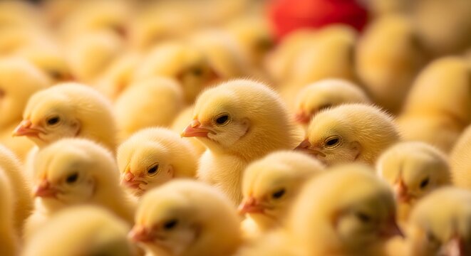 Busy scene of pale yellow hatchling chicks packed closely together beneath soft barn lighting, their sleepy eyes and tiny orange beaks creating a lively yet gentle tapestry of new life inside a modern