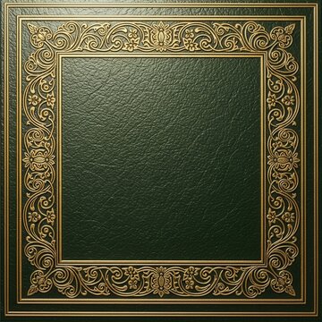 Ornate Gold Embossed Frame on Dark Green Leather Background.
