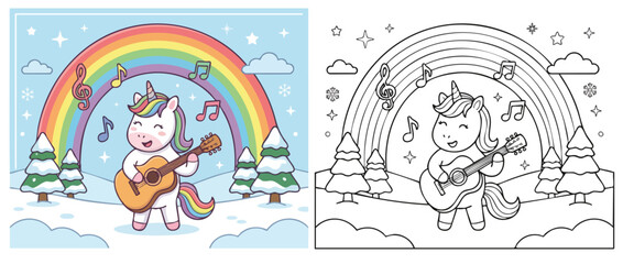 Fototapeta premium Cute Unicorn Playing Guitar with Musical Notes and Rainbow.