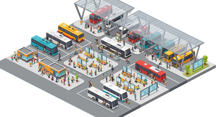 Obraz premium Isometric Bus Station with People and Vehicles, Urban Transport Hub