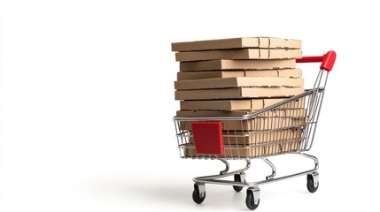 Shopping cart filled with stacked cardboard boxes, isolated on a white background
