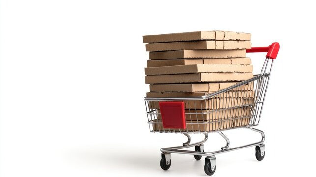 Shopping cart filled with stacked cardboard boxes, isolated on a white background