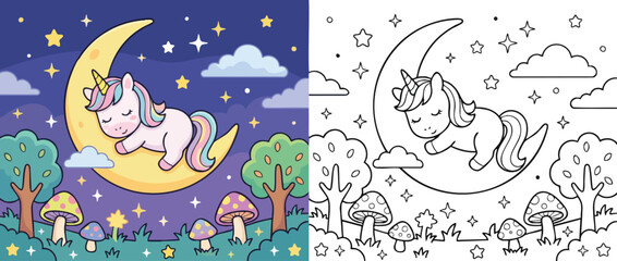 Naklejka premium Cute Unicorn Sleeping Peacefully on a Crescent Moon at Night 2.