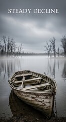 Obraz premium Old weathered boat on a misty lake, reflecting in the water.