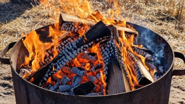 Burning campfire in a metal fire pit outdoors with flames and smoke during daytime in nature