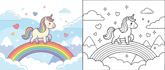 Naklejka premium Cute Unicorn Standing on Rainbow Coloring Page and Colored Version.