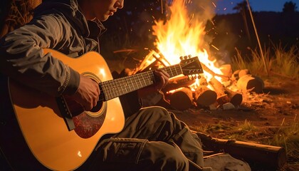 Obraz premium A man plays guitar by a campfire at night (1)