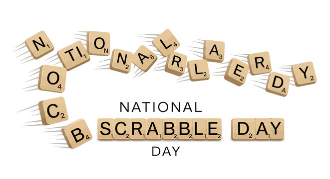 Celebrating National Scrabble Day with a playful arrangement of letter tiles spelling out the event name against a bright white background, designed in a clean, vector style that evokes