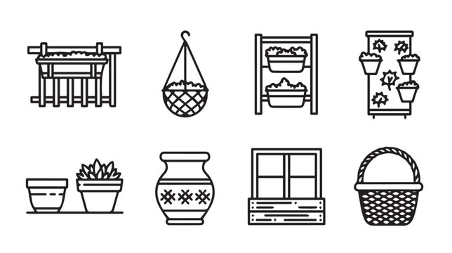 Gardening Elements Collection: Pots Planters Window Box Basket VaseLine Art