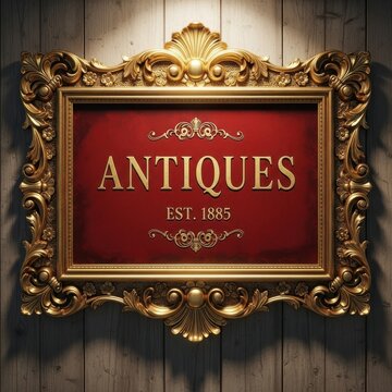 Ornate Golden Frame with ANTIQUES EST. 1885 Sign on Rustic Wooden Wall, Vintage Shop Decor.