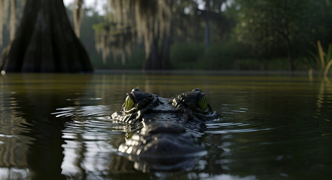 Alligator emerges from murky swamp water with cypress trees in the background