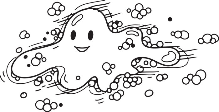Cute slime monster character vector illustration, friendly blob creature with bubbles, black and white cartoon mascot for coloring books