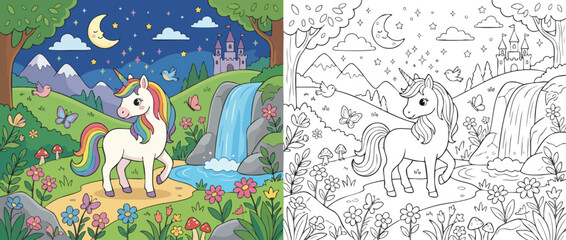 Fototapeta premium Magical Unicorn Coloring Page for Children with Fantasy Elements.