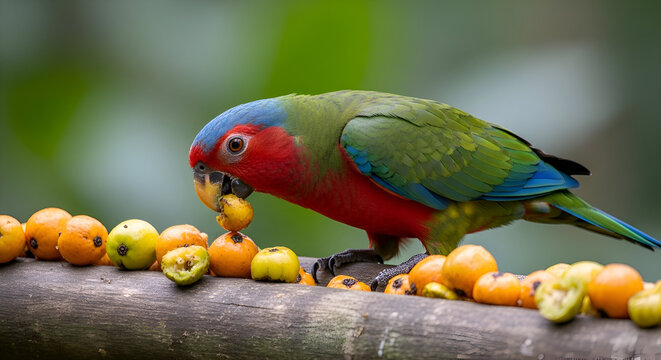 Vibrant green and red parrot eating small yellow fruits on a branch