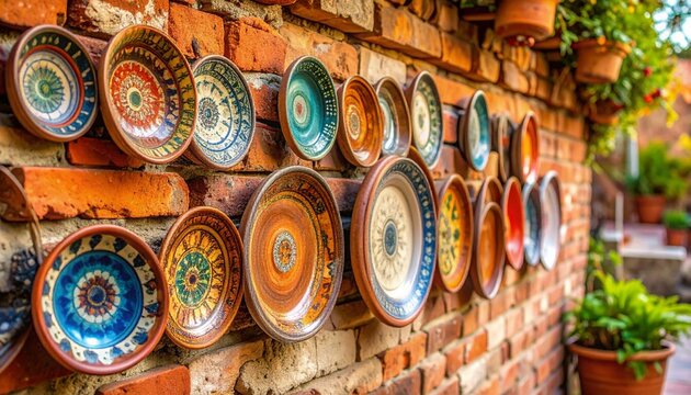 Decorated plates on brick wall display