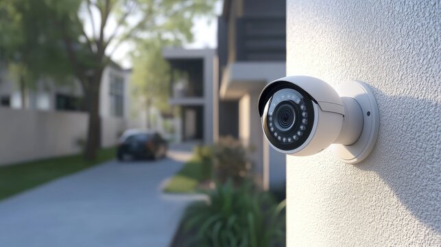Modern Security Camera Installed on Exterior Wall of Residential Home Overlooking Driveway, Ensuring Safety and Surveillance in Neighborhood