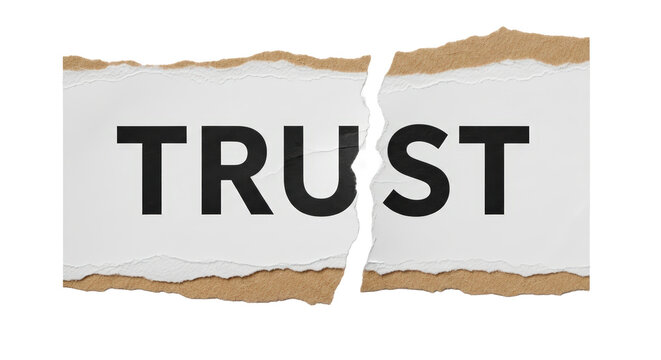 White Paper Torn Into Two Halves With The Word Trust In Black Text On A Transparent Background