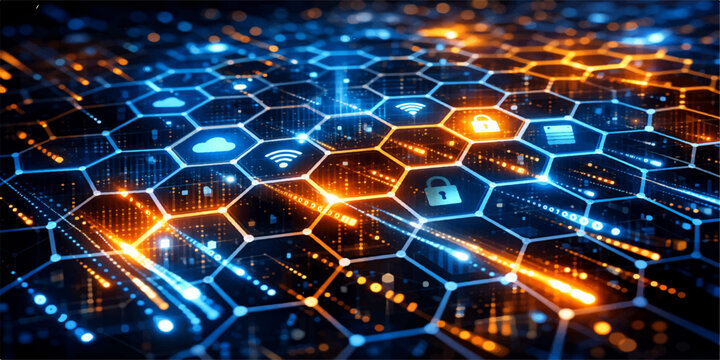 Futuristic blue abstract technology background featuring a digital hexagon pattern with glowing light effects for a modern computer network and data communication wallpaper