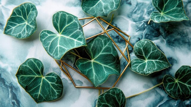 Overhead shot of green elephant ear plant leaves arranged with a gold geometric decor on marbled surface