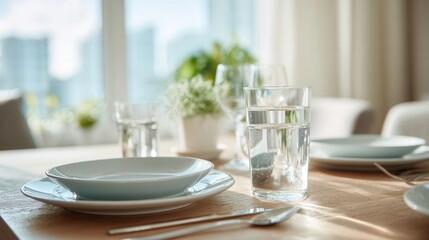 Fototapeta premium Table set with plates, glassware, linen, natural light streaming over wooden surface, neutral ceramic dishes, polished cutlery, small plant centerpiece, calm morning atmosphere ideal for food blogger