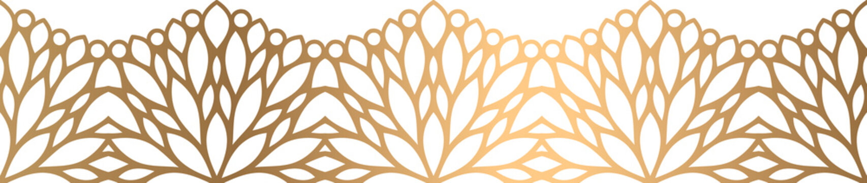 Seamless gold laser-cut floral border with repeating mandala petal pattern and circular accents on a white background