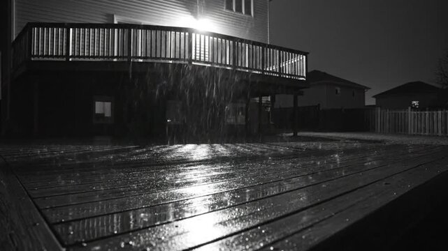 Rain falls on a wooden deck illuminated by light creating a wet reflective surface at night in monochrome