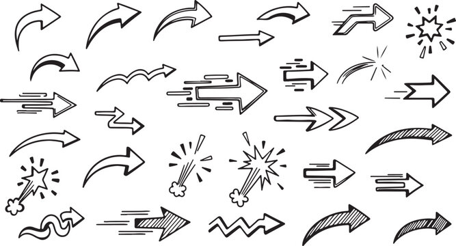 Hand drawn arrow vector set, black ink sketch arrows with motion lines, comic style directional pointers and speed symbols for presentation