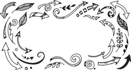 Fototapeta premium Hand drawn arrow collection, decorative sketch pointers and swirls, black ink doodle arrows with floral elements and leaves, vector set