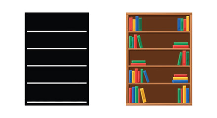 Two bookshelves displayed side by side one empty and one full silhouette © njhasan