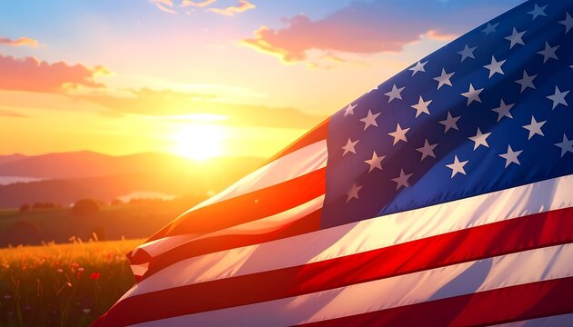 A serene American flag waving in a field at sunset