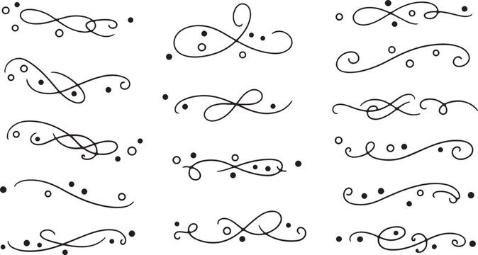 Vintage calligraphic flourishes and swirls set, elegant black line art dividers, decorative filigree scroll ornaments for wedding invitations and stationery