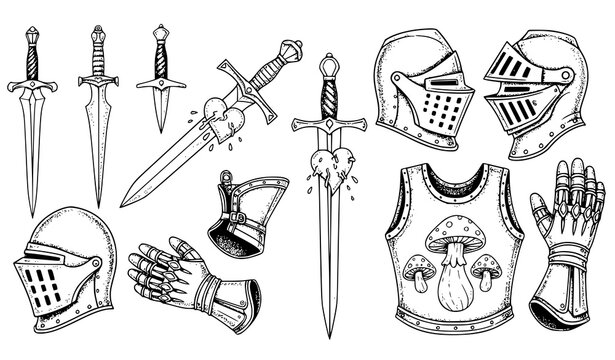 Hand-drawn medieval weapon and armor engraving vector collection