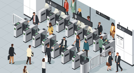 Obraz premium Diverse people passing through subway turnstiles in a modern station, public transport concept.
