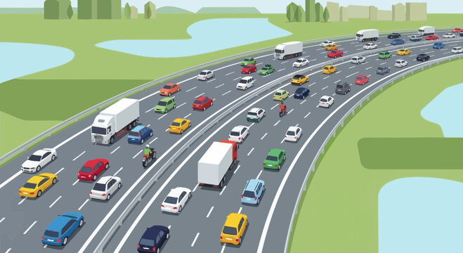 Busy highway traffic jam with cars and trucks, illustration.
