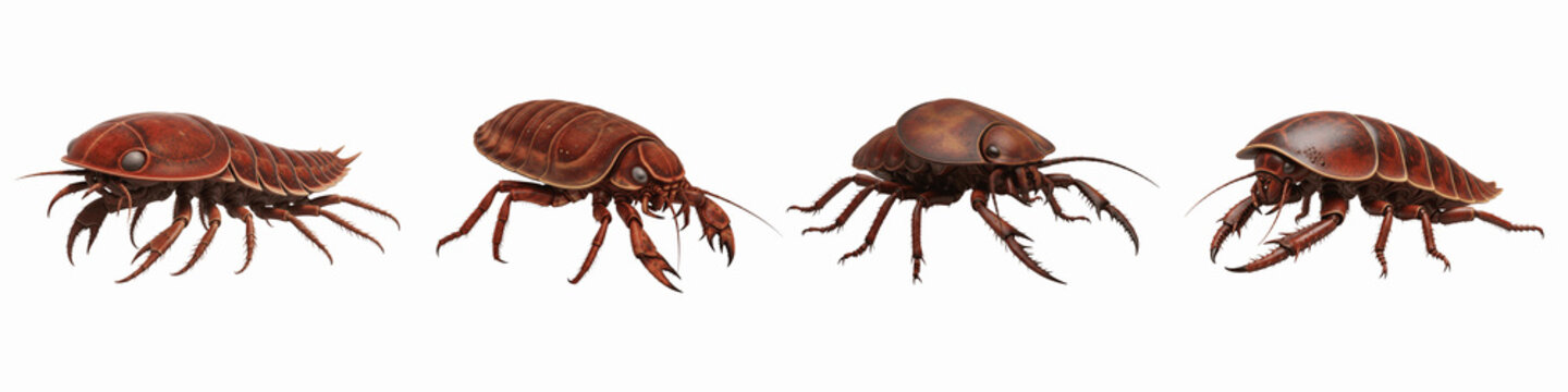 Collection of four different brown woodlouse insects on black background
