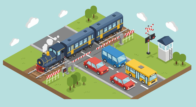 Isometric train crossing with cars and bus at rural railway intersection