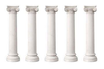 Fototapeta premium Set of five white classical greek columns, architectural elements as isolated on transparent background