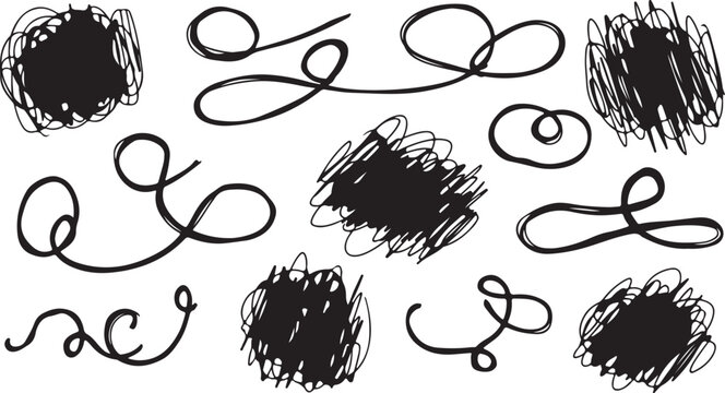 Hand drawn scribble vector set, black ink doodle elements, messy pencil strokes and swirly line art for creative design projects and scrapbooking