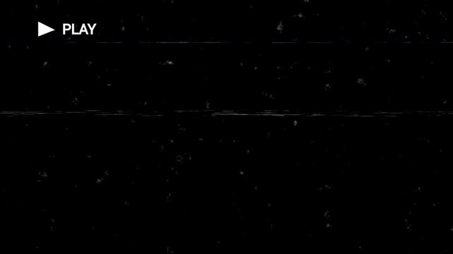 Glitched Ending to an Old Analog VHS Videotape Seamless Video Background Overlay Effect Loop wtih play icon, black background with scratches overlay, overlay footage, vintage film. 4K Video