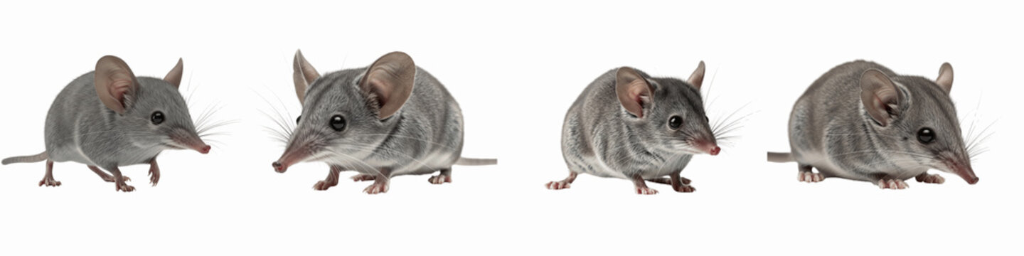 Collection of four grey shrew mice isolated on black background