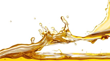 Fototapeta premium Close-up shot of a dynamic splash of oily liquid, fully isolated on a clean white background, highlighting the smooth texture, glossy surface, and transparent fluid movement. The high-definition detai