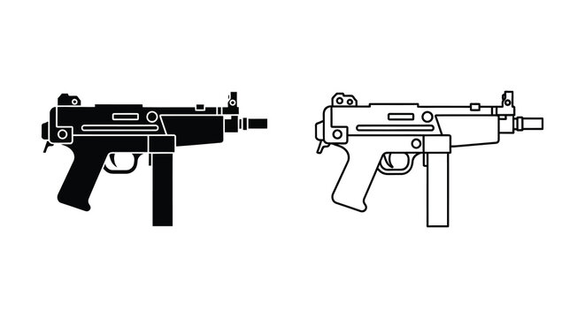 Two views of a submachine gun detailed outline illustration silhouette