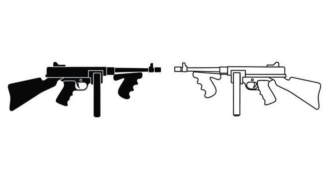 Two thompson submachine guns depicted in contrasting black and white silhouette