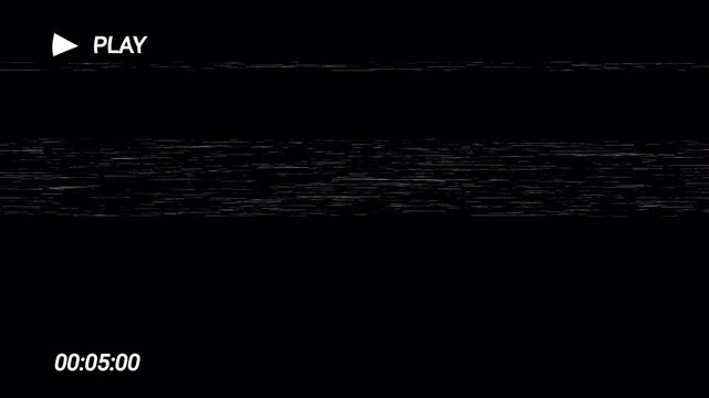 Retro VHS video screen with play icon and timecode, showing static and glitch effects on alpha channel, overlay footage, vintage film, recorder overlay. 4K Video